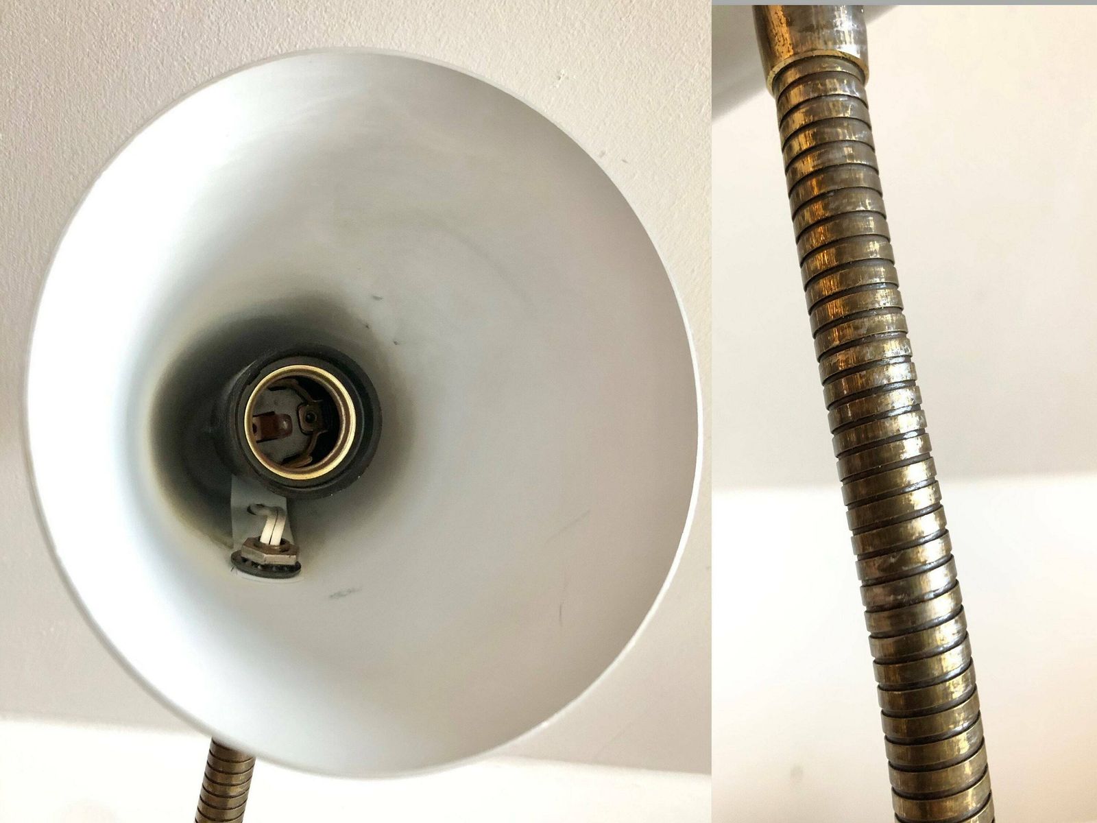 photo furniture Vintage Classic Table Lamp In Cool Design With Aluminium Shade, Flexible Metal Neck And Patinated Black Metal Base