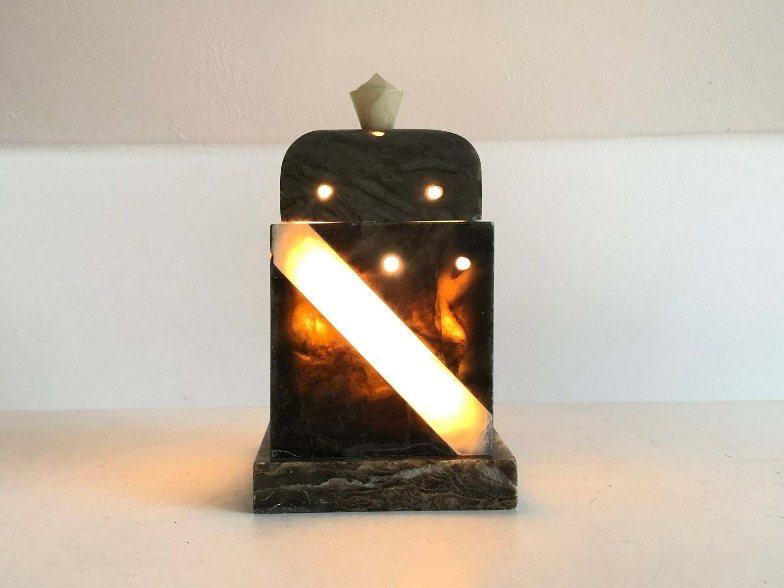 Vintage Gorgeous Black Alabaster Marbled Art Deco Table Lamp With Carved Architectural Shapes And Great Light Exposure photo furniture