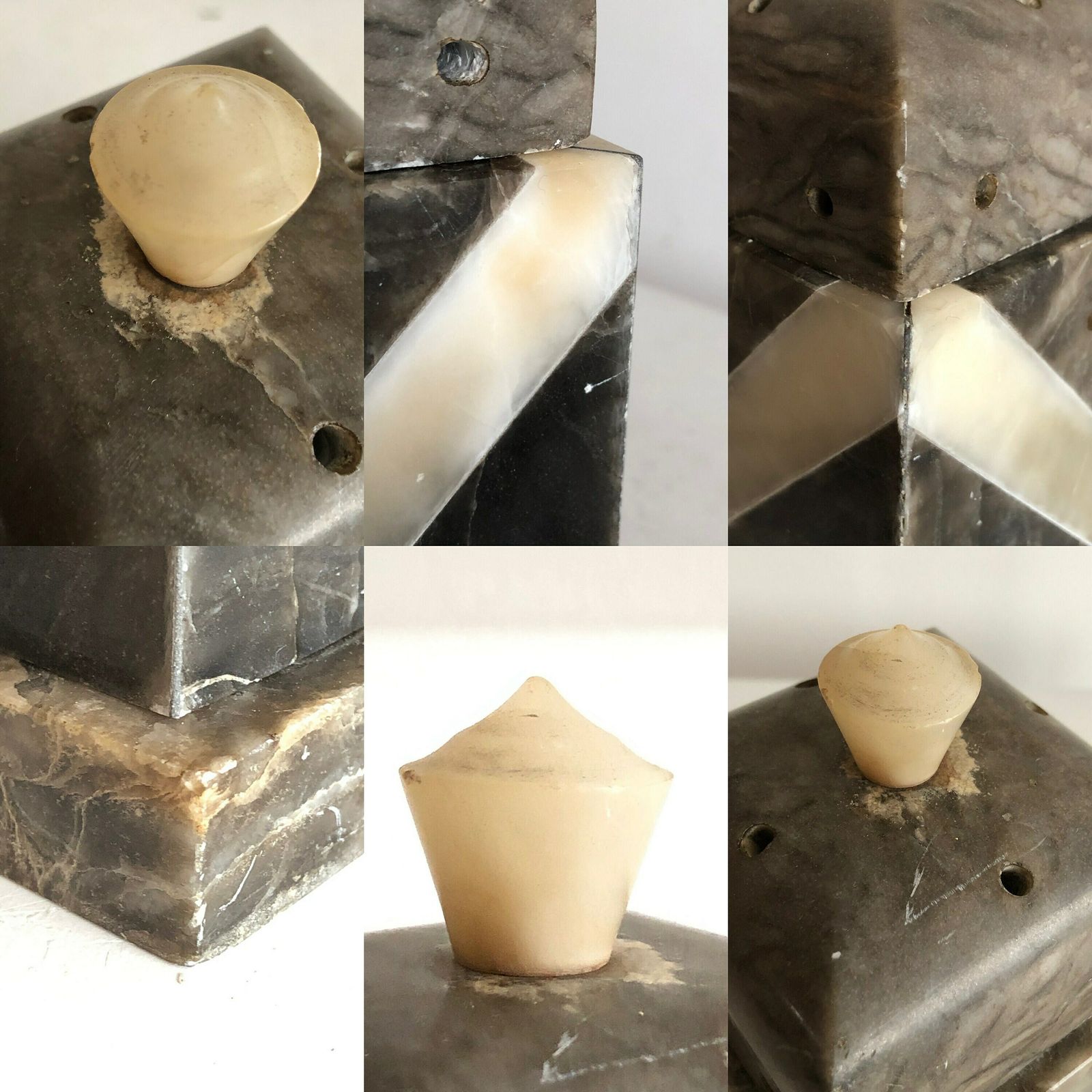 photo for sale Vintage Gorgeous Black Alabaster Marbled Art Deco Table Lamp With Carved Architectural Shapes And Great Light Exposure