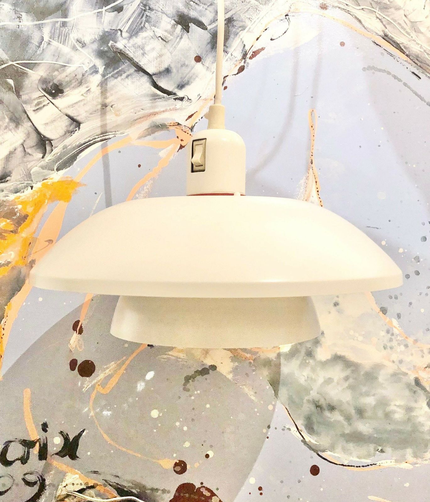 Minimalist Danish Design Multilayer Mid Century Ceiling Lamp In White Metal With Red Detail photo Lighting