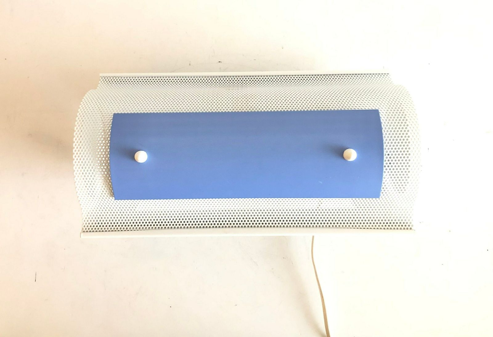 Danish Horn Design Large Minimalist Postmodern Wall Lamp In Perforated Metal With Blue Detail photo for sale