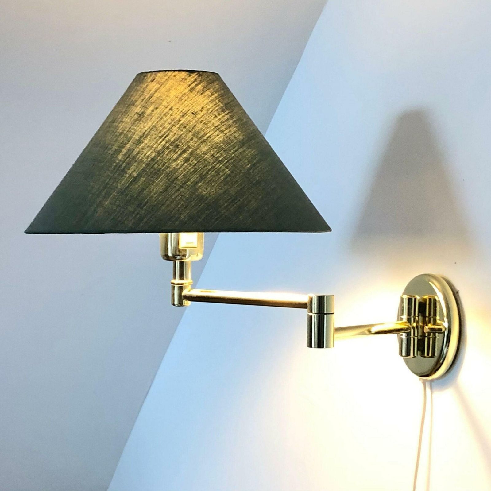 Mid Century Danish Swing Arm Design Wall Lamp In Brass With Original Vintage Green Fabric Shade