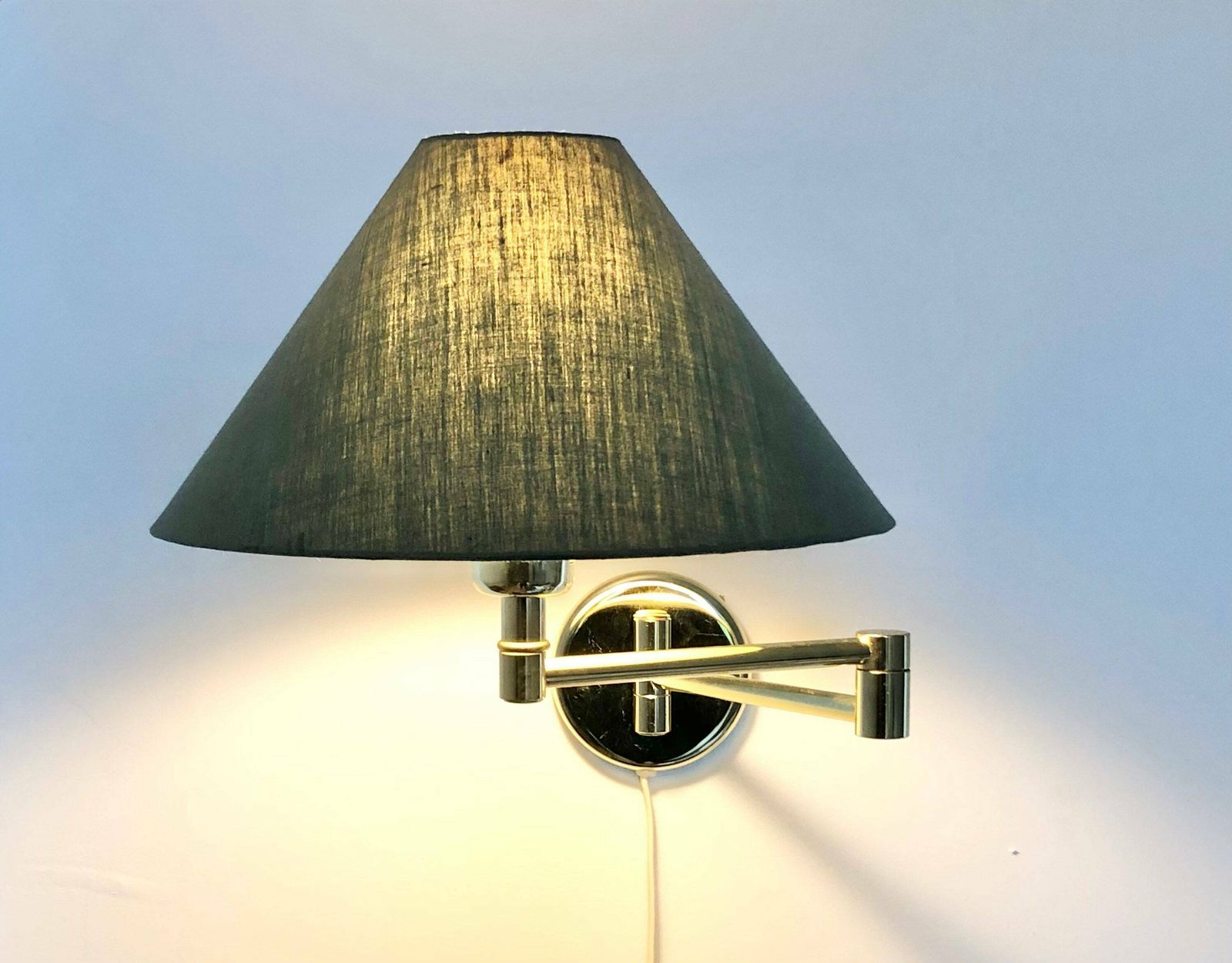 Mid Century Danish Swing Arm Design Wall Lamp In Brass With Original Vintage Green Fabric Shade photo Lighting