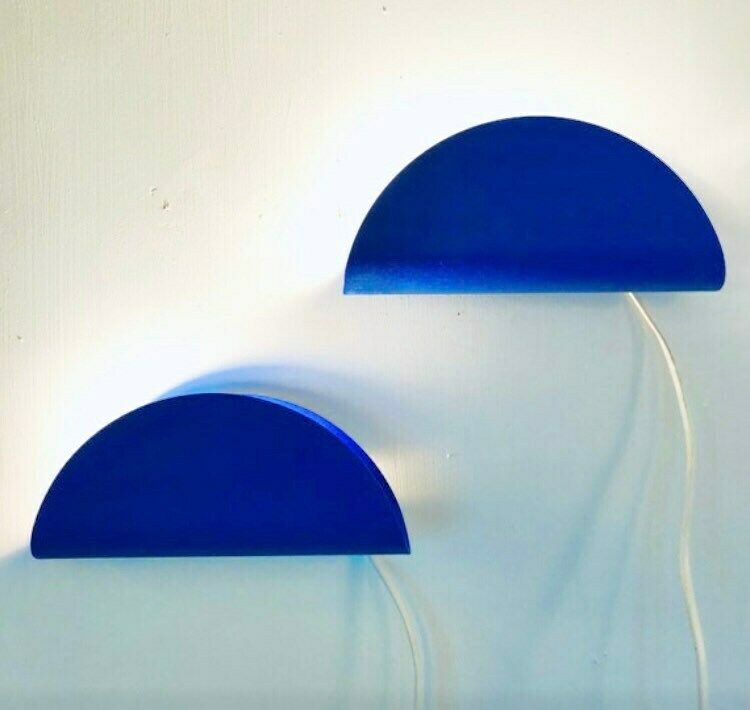 Pair Of Danish Minimalist Vintage Halfmoon Wall Lamps In Blue Painted Metal   Design By Nordlux photo for sale