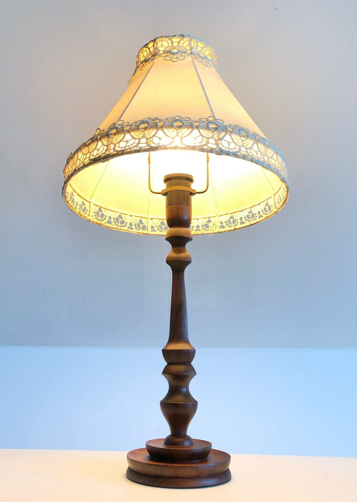 Elegant Dark Wood Danish Vintage Table Lamp In Organic Shapes With Unique Handmade Vintage Embroidered Fabric Shade photo furniture