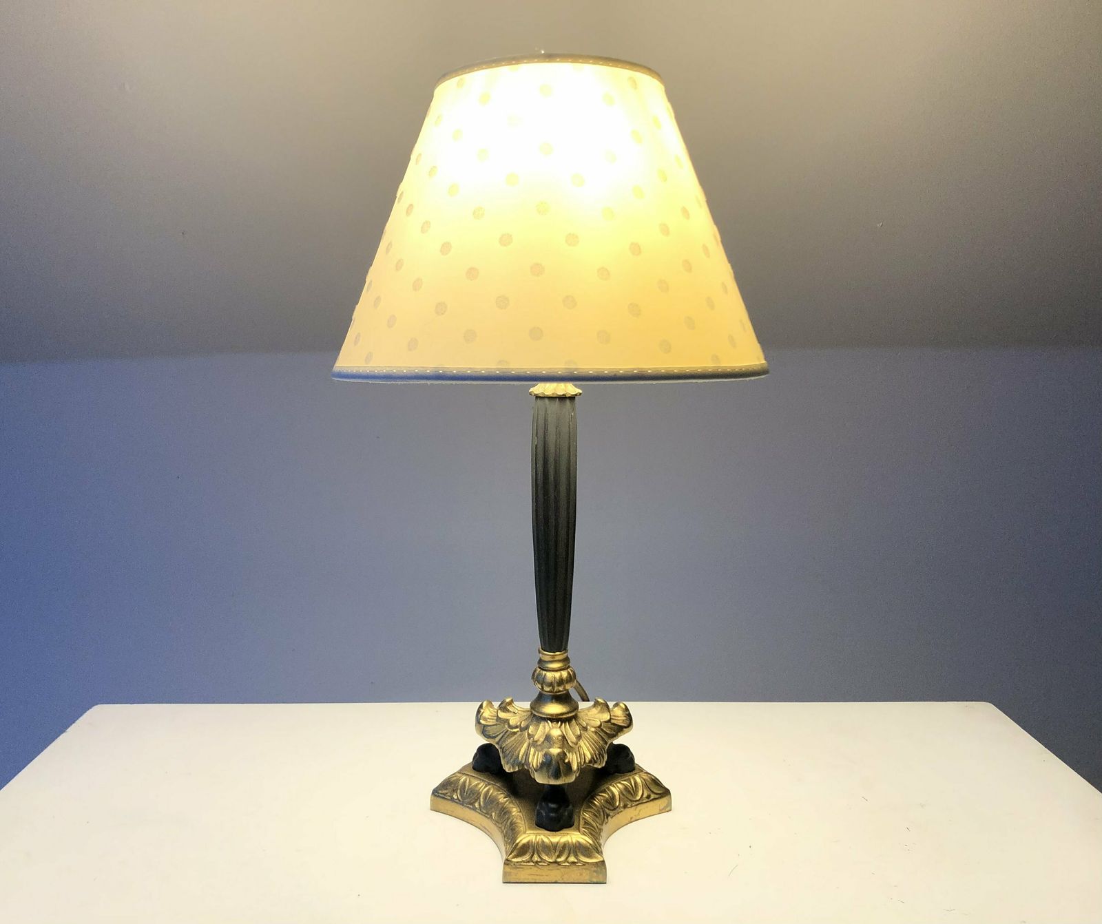 Empire Style Tripod Table Lamp In Brass And Black Painted Metal With Organic Shapes, Lion Feet And Off White Fabric Shade With Dots