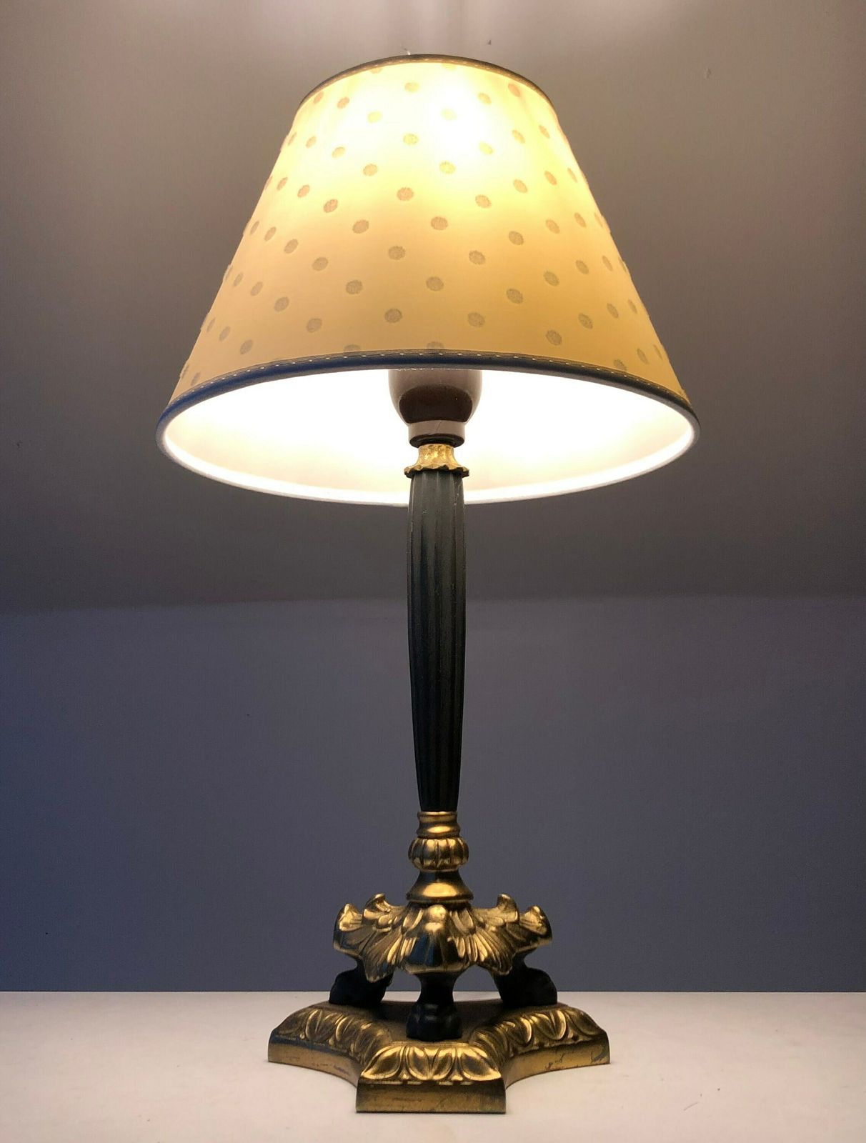 Empire Style Tripod Table Lamp In Brass And Black Painted Metal With Organic Shapes, Lion Feet And Off White Fabric Shade With Dots photo for sale
