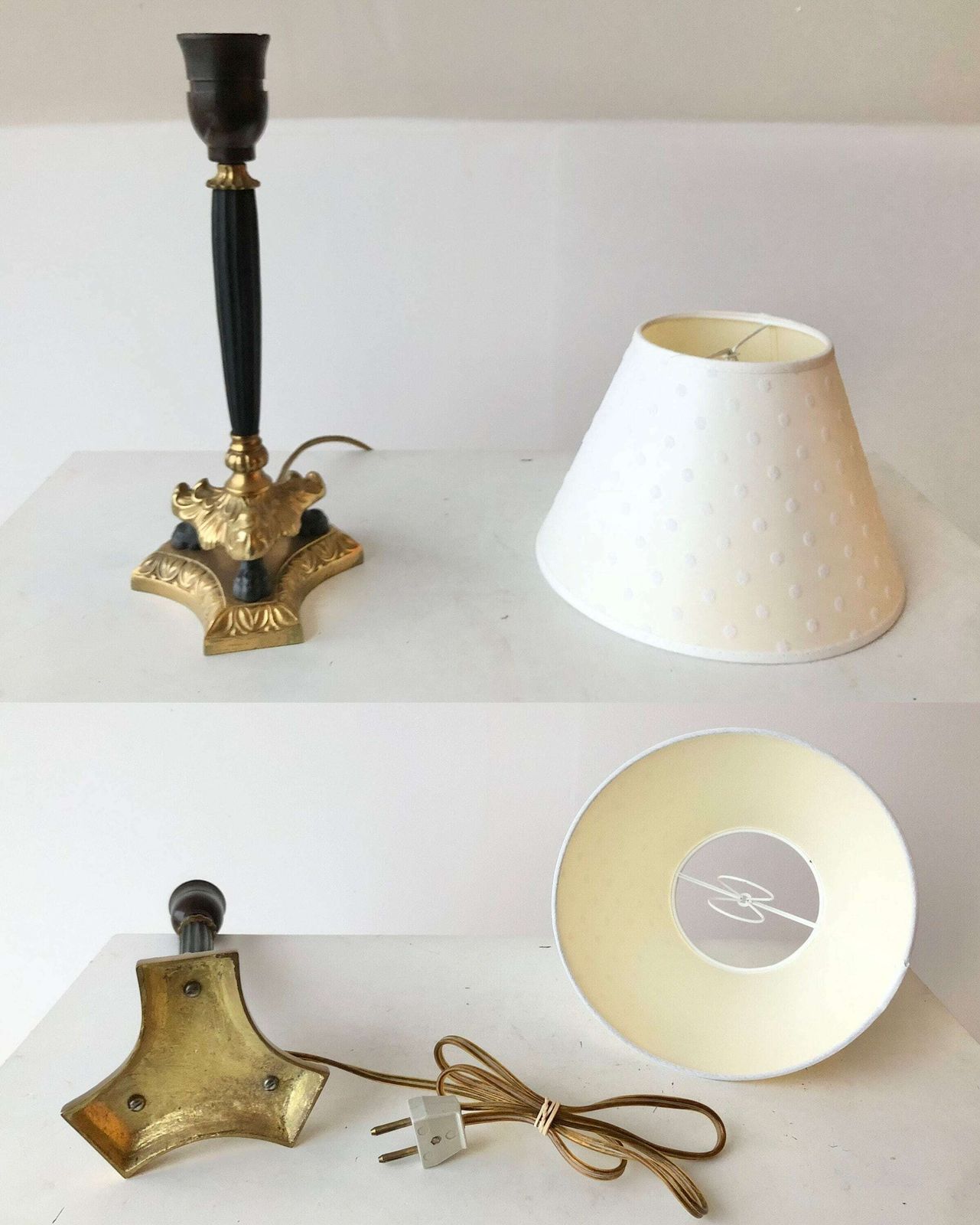 photo for sale Empire Style Tripod Table Lamp In Brass And Black Painted Metal With Organic Shapes, Lion Feet And Off White Fabric Shade With Dots