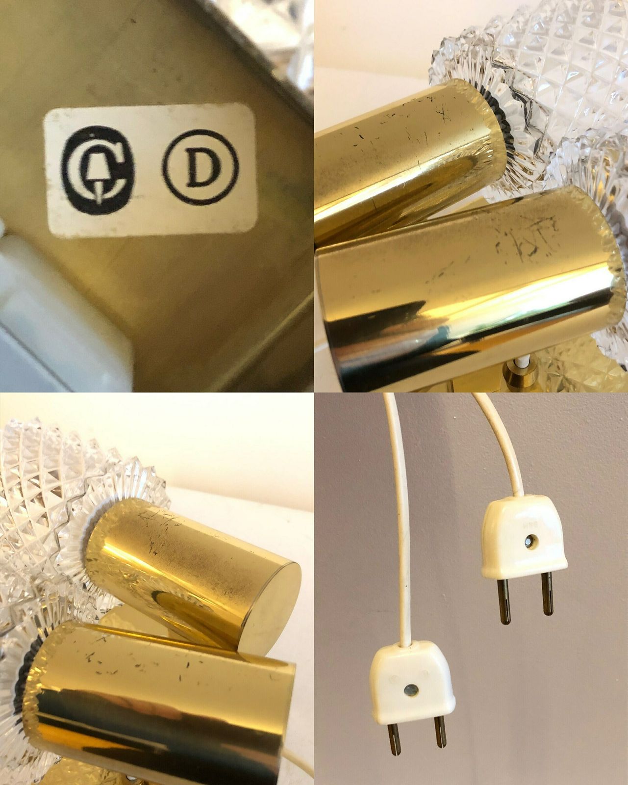 photo for sale Pair Of Elegant Danish Mid Century Brass Wall Lamps In Modernist Design With Beautiful Crystal Shades