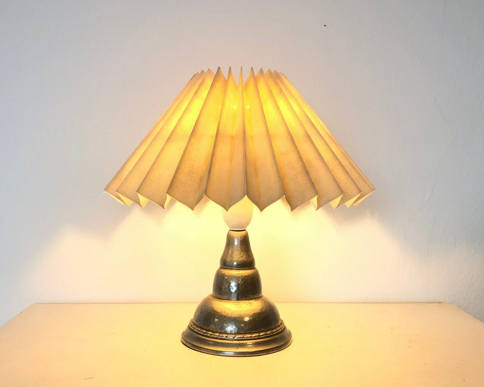 Danish Art Deco Hammered Pewter Table Lamp In Organic Shape With Decoration And Vintage Fabric Pleated Shade   Design By Hags, Denmark