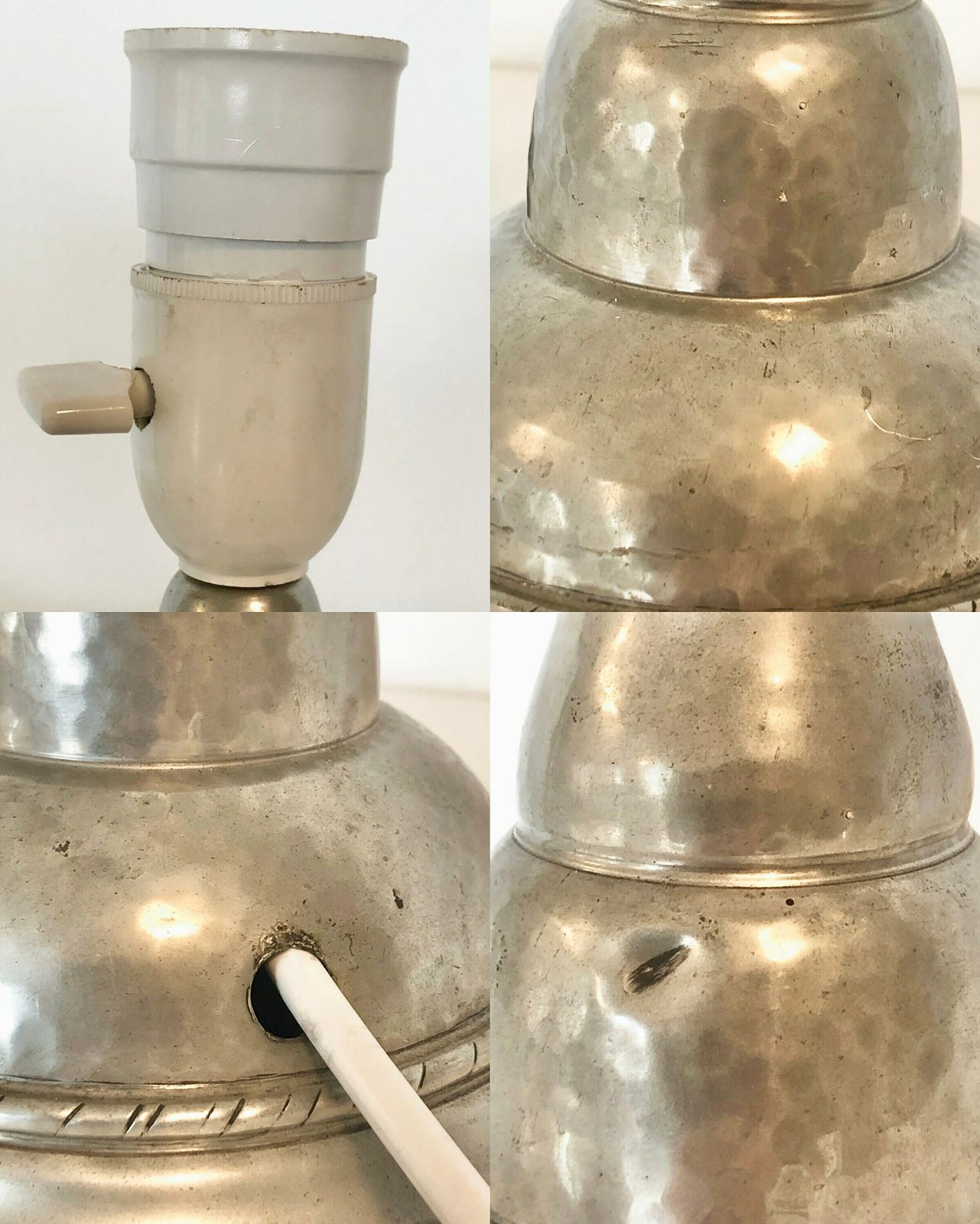 photo for sale Danish Art Deco Hammered Pewter Table Lamp In Organic Shape With Decoration And Vintage Fabric Pleated Shade   Design By Hags, Denmark