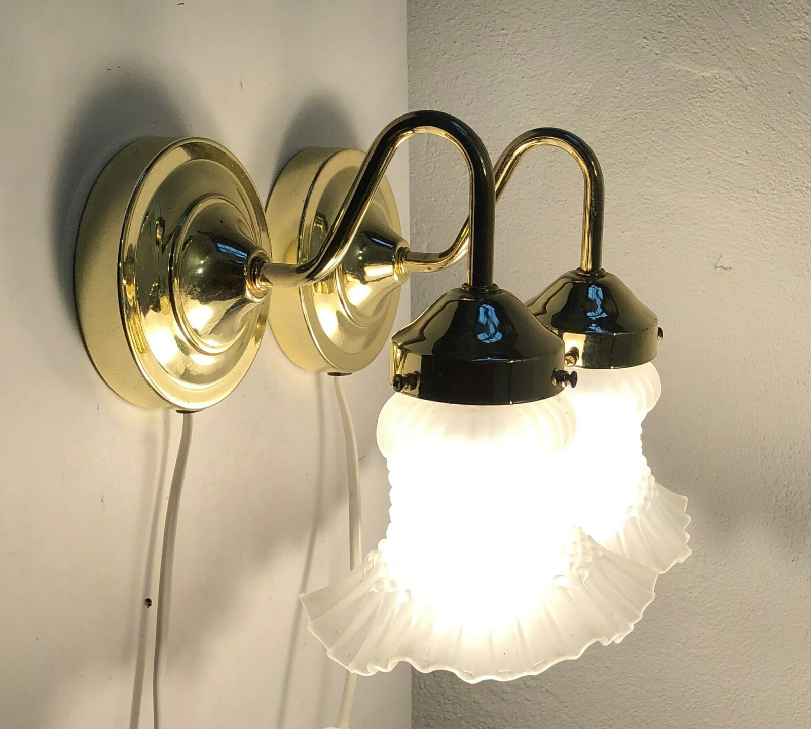 Danish Mid Century Wall Lamps With Patterned Glass Shades And Gold Metal Details   Design From Hagro A/S