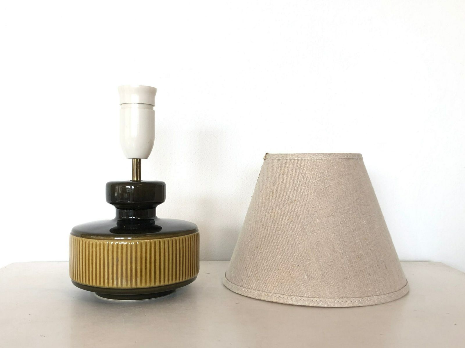 Danish Mid Century Modern Ceramic Table Lamp With Green And Yellow Glaze And Gorgeous Ridges   Design By Søholm, Bornholm Denmark photo buy
