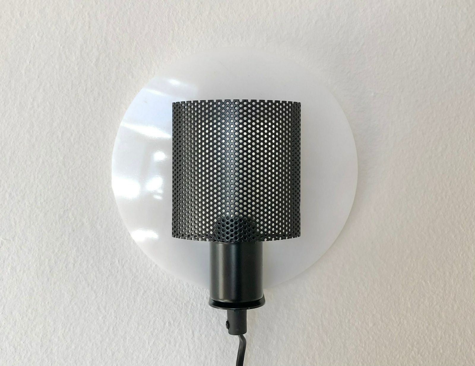 Danish Postmodern Minimalist Vintage “Centro” Cool Wall Lamp In White Acrylic With Black Perforated Metal Shade   Design By Nn, Denmark photo 184.0