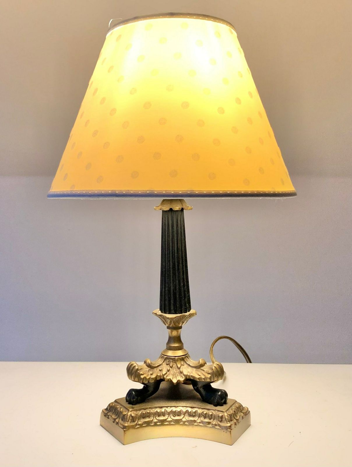 Empire Style Tripod Table Lamp In Brass And Black Painted Metal With Organic Shapes, Lion Feet And Off White Fabric Shade With Dots photo 234.0