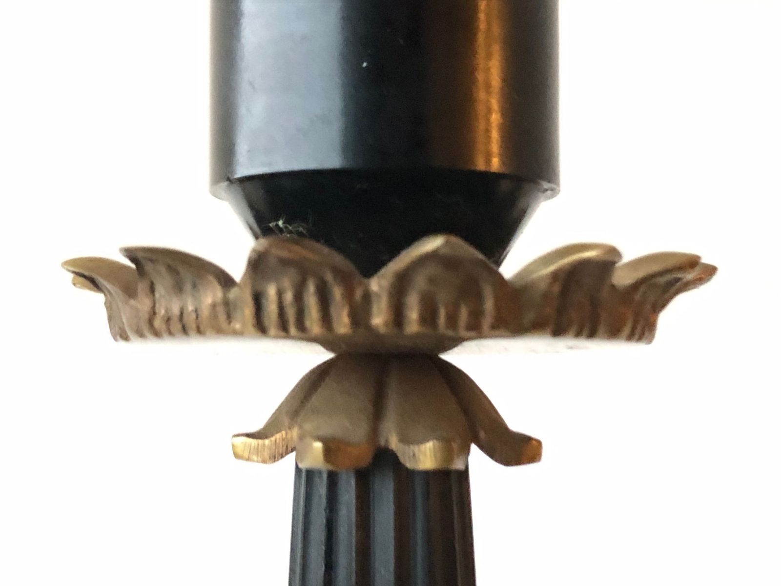Empire Style Tripod Table Lamp In Brass And Black Painted Metal With Organic Shapes, Lion Feet And Off White Fabric Shade With Dots photo vintage