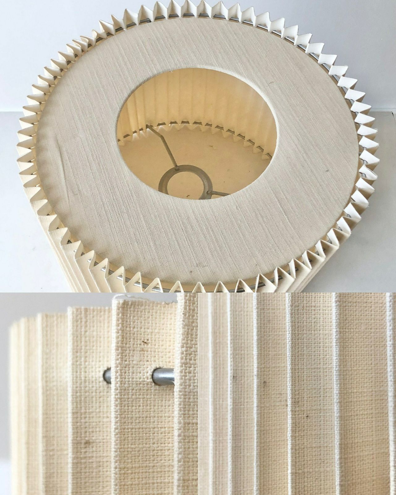 photo for sale Vintage Ikea Design Postmodern Table Lamp In Beech Wood With Grooves, Dark Grey Metal Base And Beige Pleated Fabric Shade
