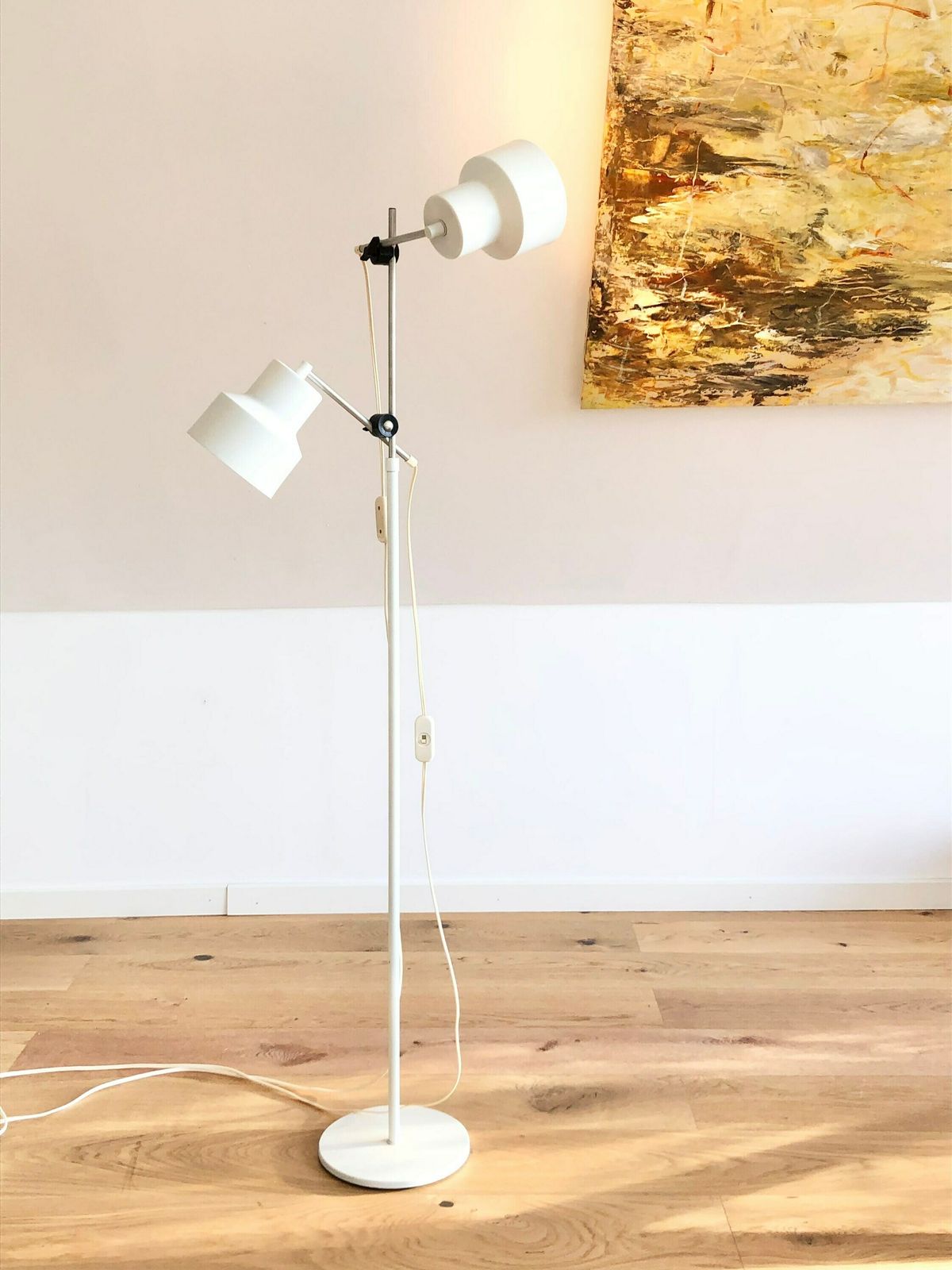 Danish Mid Century Minimalist Design Floor Lamp In White Painted Metal With Adjustable Twin Shades Snd Aluminium Details photo for sale