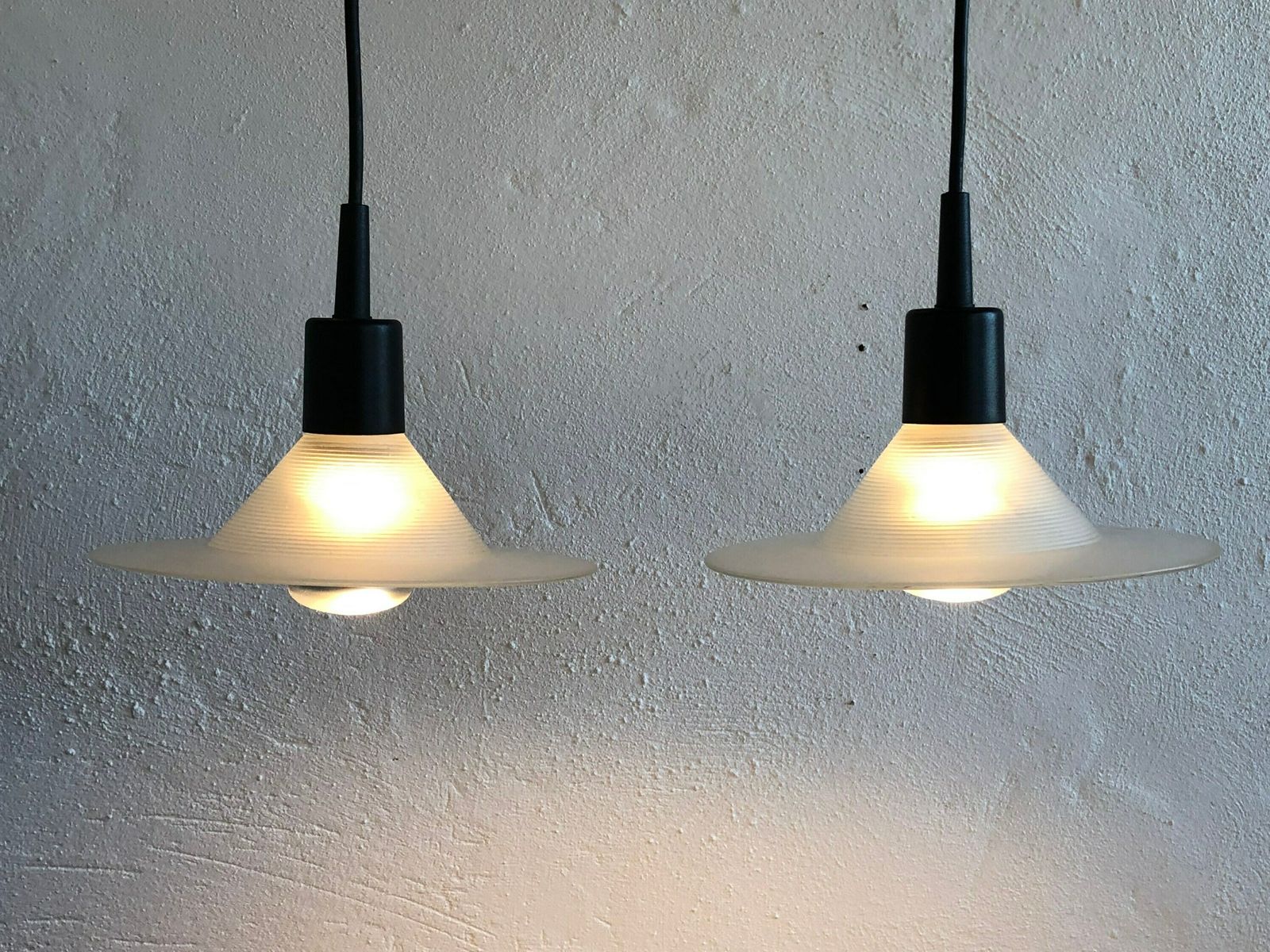 Pair Of Danish Postmodern Minimalist Ceiling Lamps In Frosted Glass With Grooved Pattern   Design From Odreco photo vinterior