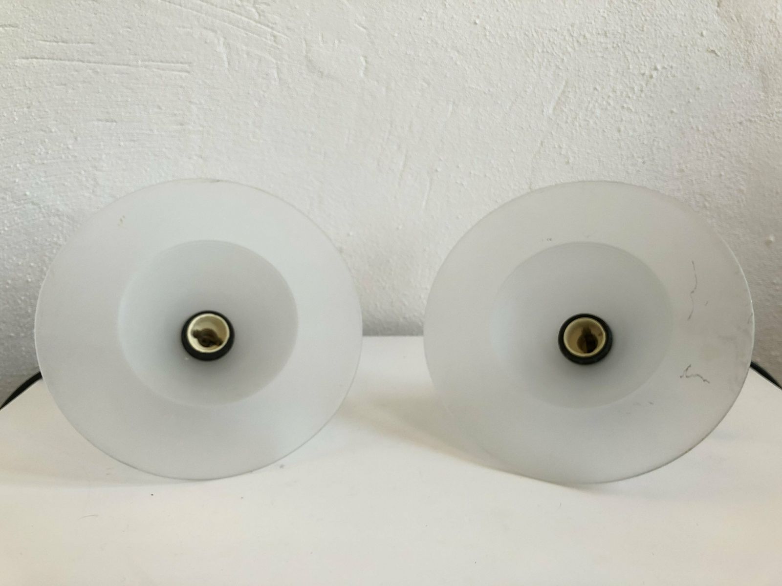 photo furniture Pair Of Danish Postmodern Minimalist Ceiling Lamps In Frosted Glass With Grooved Pattern   Design From Odreco