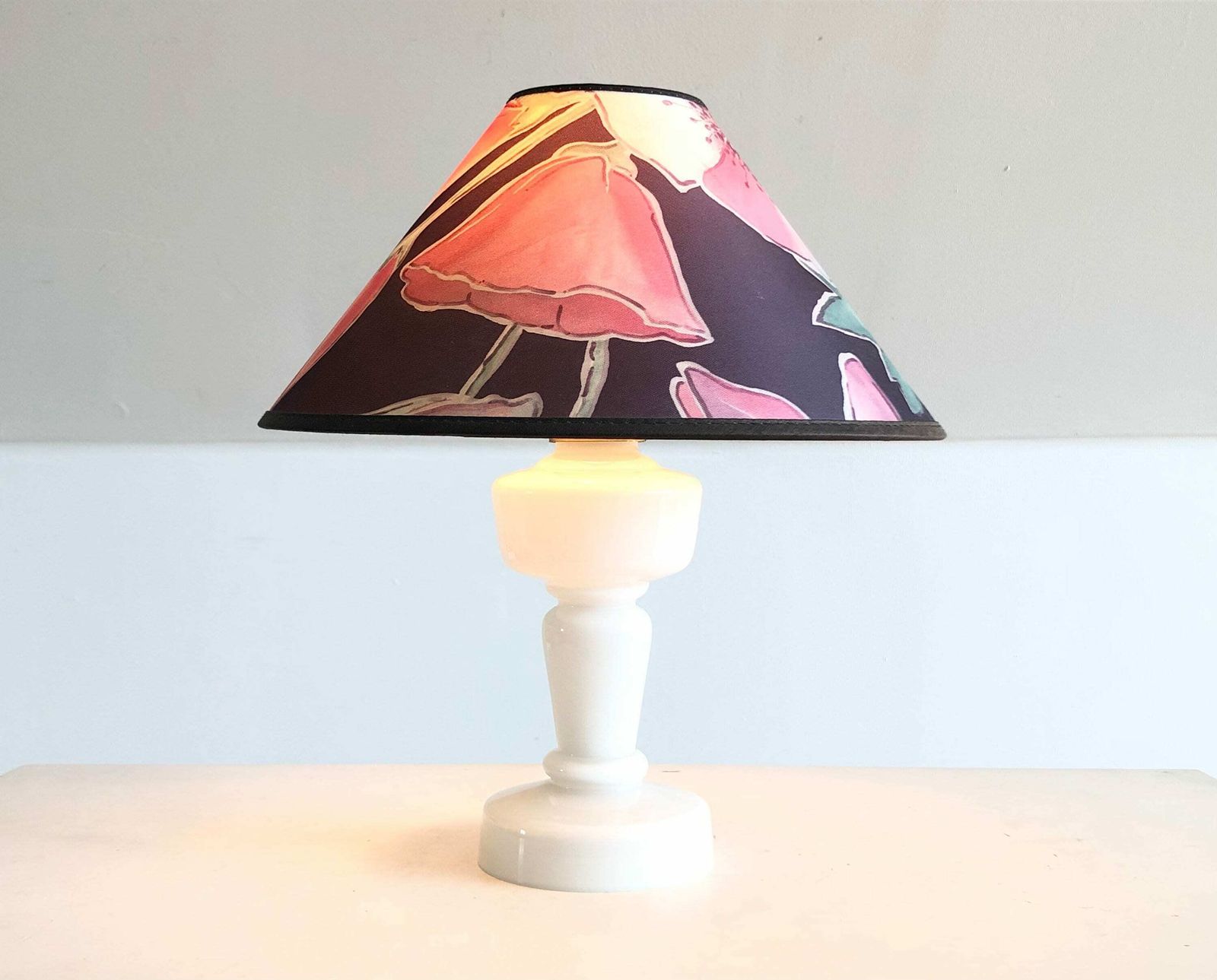 Danish Mid Century Table Lamp With Odreco Design Opal Glass Base And Beautiful Flower Decorated Vintage Fabric Shade