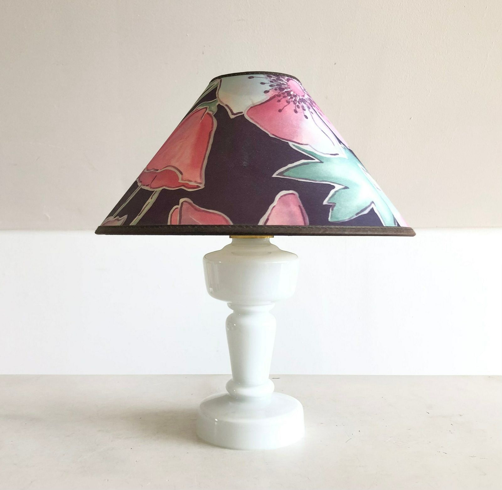 Danish Mid Century Table Lamp With Odreco Design Opal Glass Base And Beautiful Flower Decorated Vintage Fabric Shade photo for sale