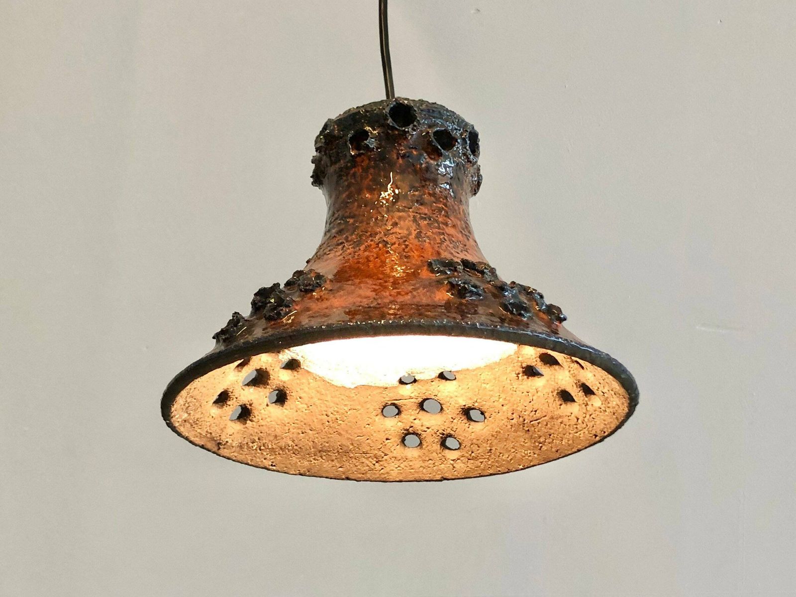 Mid Century Modern Danish Design Stone Ware Ceramic Ceiling Lamp With Dark Orange Brown Glaze And Floral Perforated Pattern photo furniture