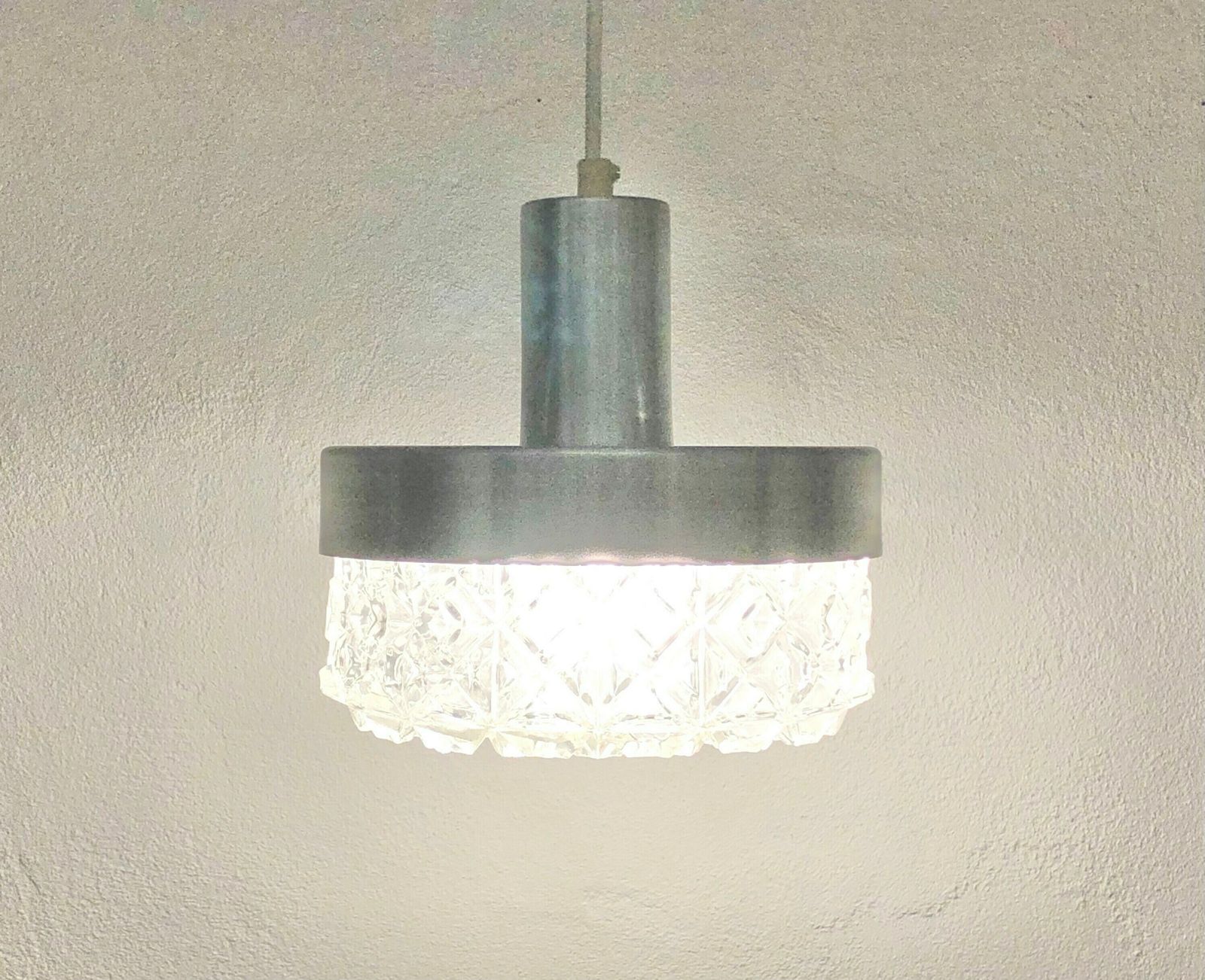 Danish Mid Century Modern Vintage Ceiling Lamp With Patterned Thick Glass Shade And Aluminium Silver Top   Design From The 1960s photo 221.0