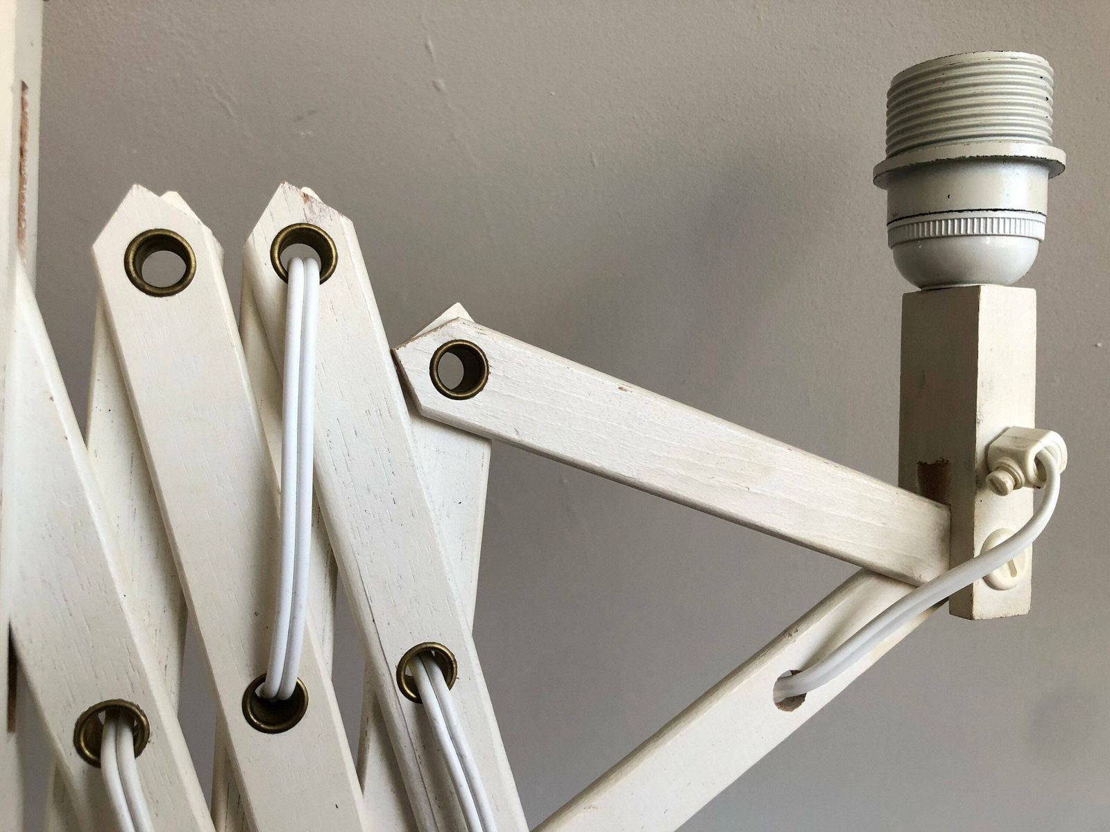 Vintage Danish Original Le Klint Design “Lk 96” Mid Century Scissor Wall Lamp In White Painted Wood With Red Pleated Shade photo buy