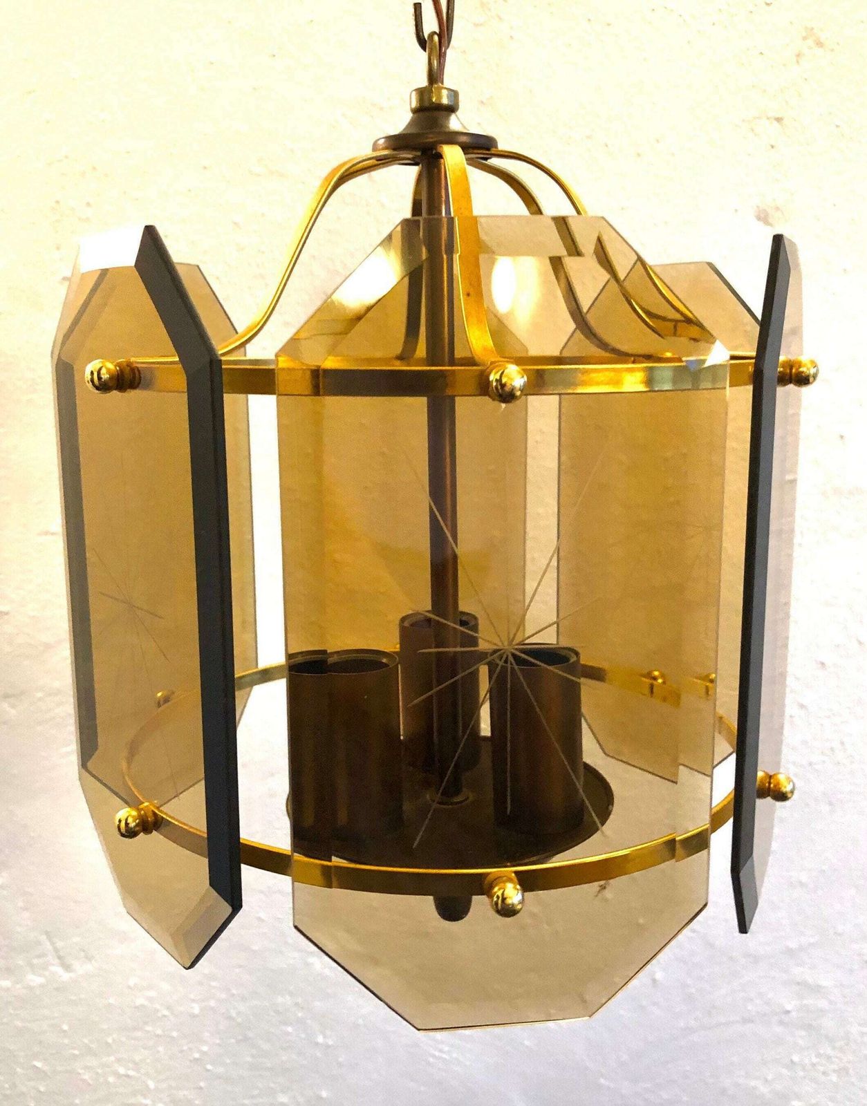 Danish Mid Century Ceiling Lamp In Smoke Colored Crystal Glass With Beautiful Carvings And Brass Details photo for sale