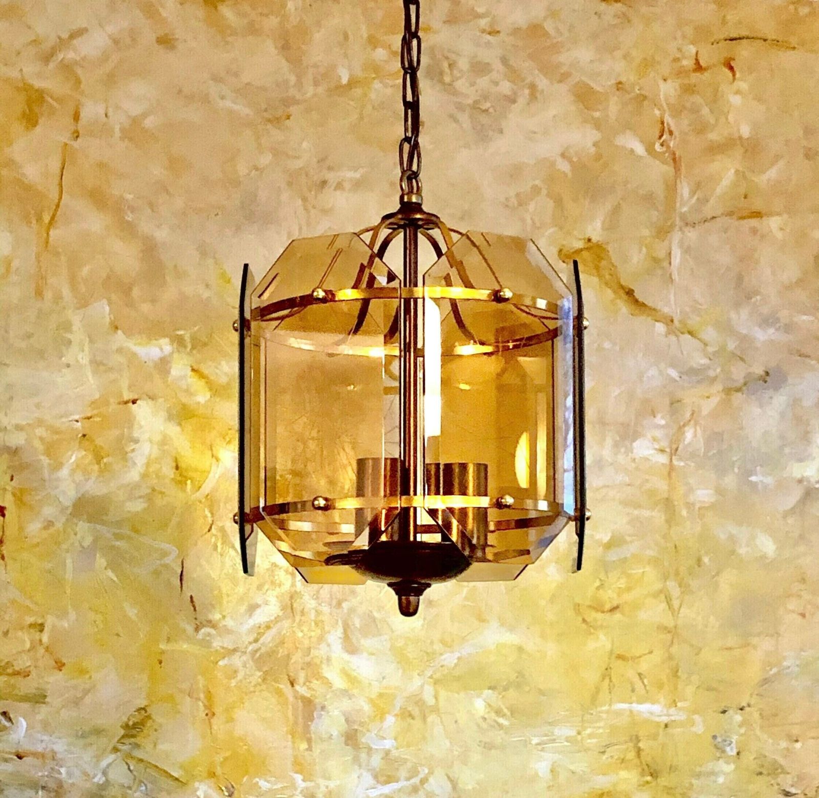 Danish Mid Century Ceiling Lamp In Smoke Colored Crystal Glass With Beautiful Carvings And Brass Details photo Lighting