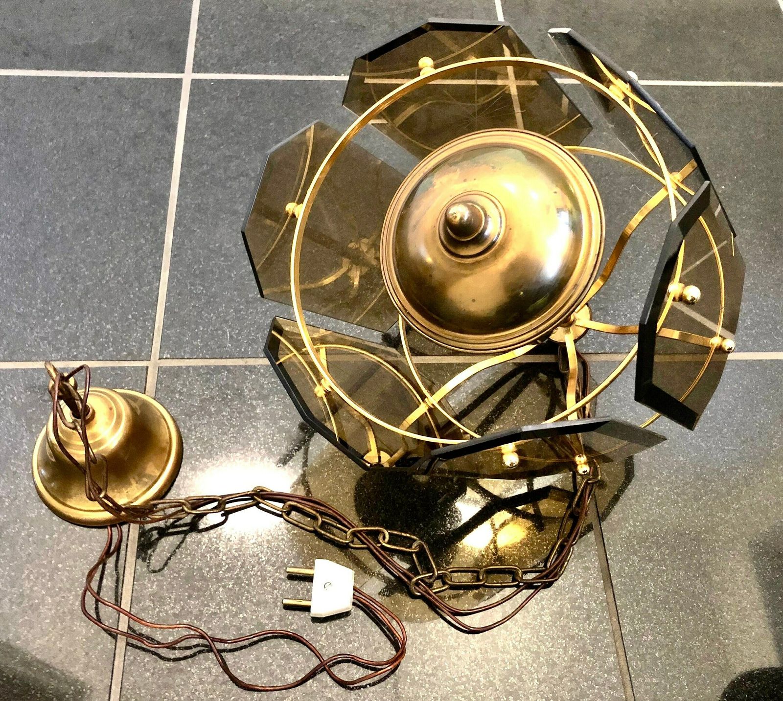 Danish Mid Century Ceiling Lamp In Smoke Colored Crystal Glass With Beautiful Carvings And Brass Details photo vintage