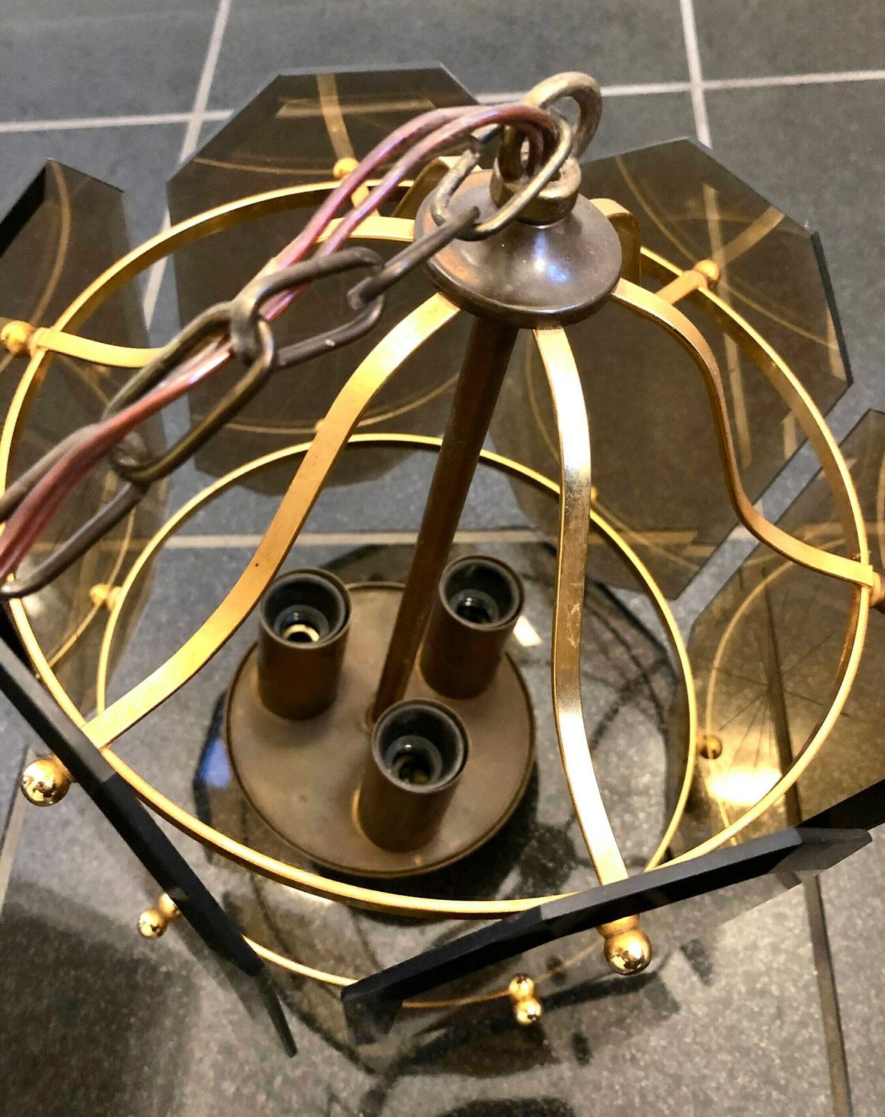 photo furniture Danish Mid Century Ceiling Lamp In Smoke Colored Crystal Glass With Beautiful Carvings And Brass Details
