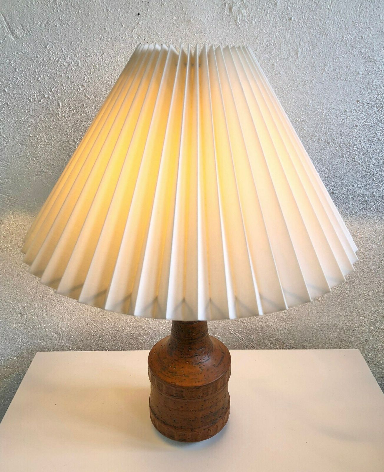 Ceramic Modernist Table Lamp In Brown Glaze And Modernist Mid Century Design With Beige Pleated Shade   Marked “Destiny” And “Anf” photo for sale