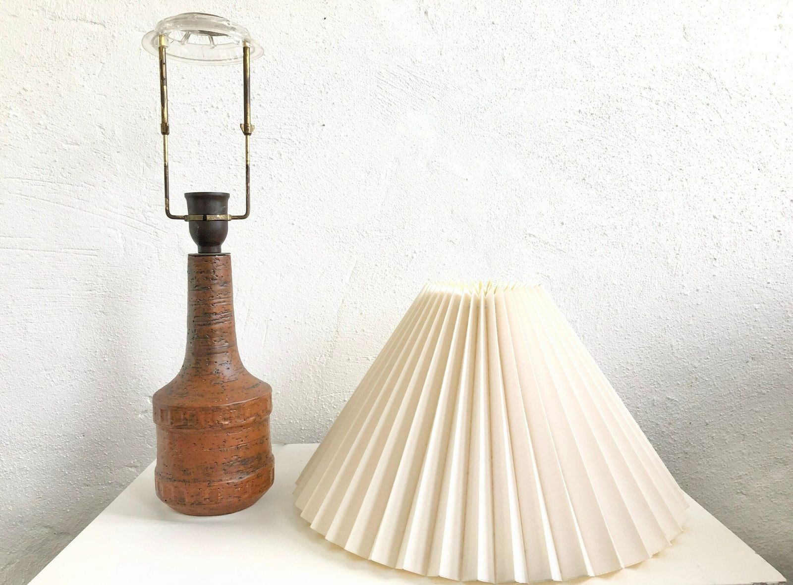 Ceramic Modernist Table Lamp In Brown Glaze And Modernist Mid Century Design With Beige Pleated Shade   Marked “Destiny” And “Anf” photo Lighting