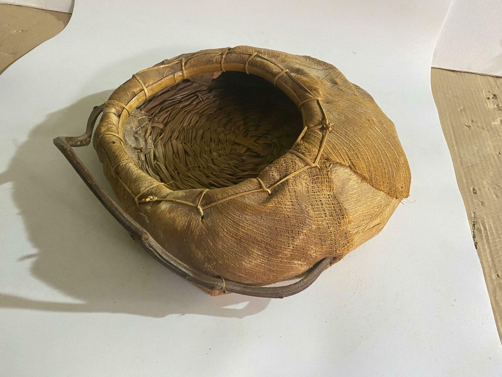 photo for sale Rattan And Wood Italian Large Basket Bowl Centerpiece, 1970s
