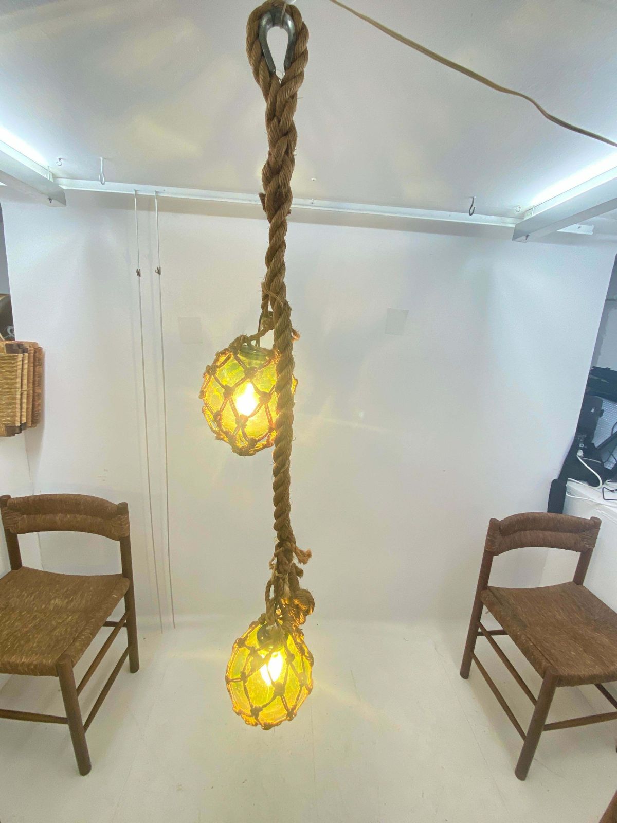 Audoux Minet Attributed Rope Ceilling Light 2 Green Glass Balls France, 1950 photo for sale