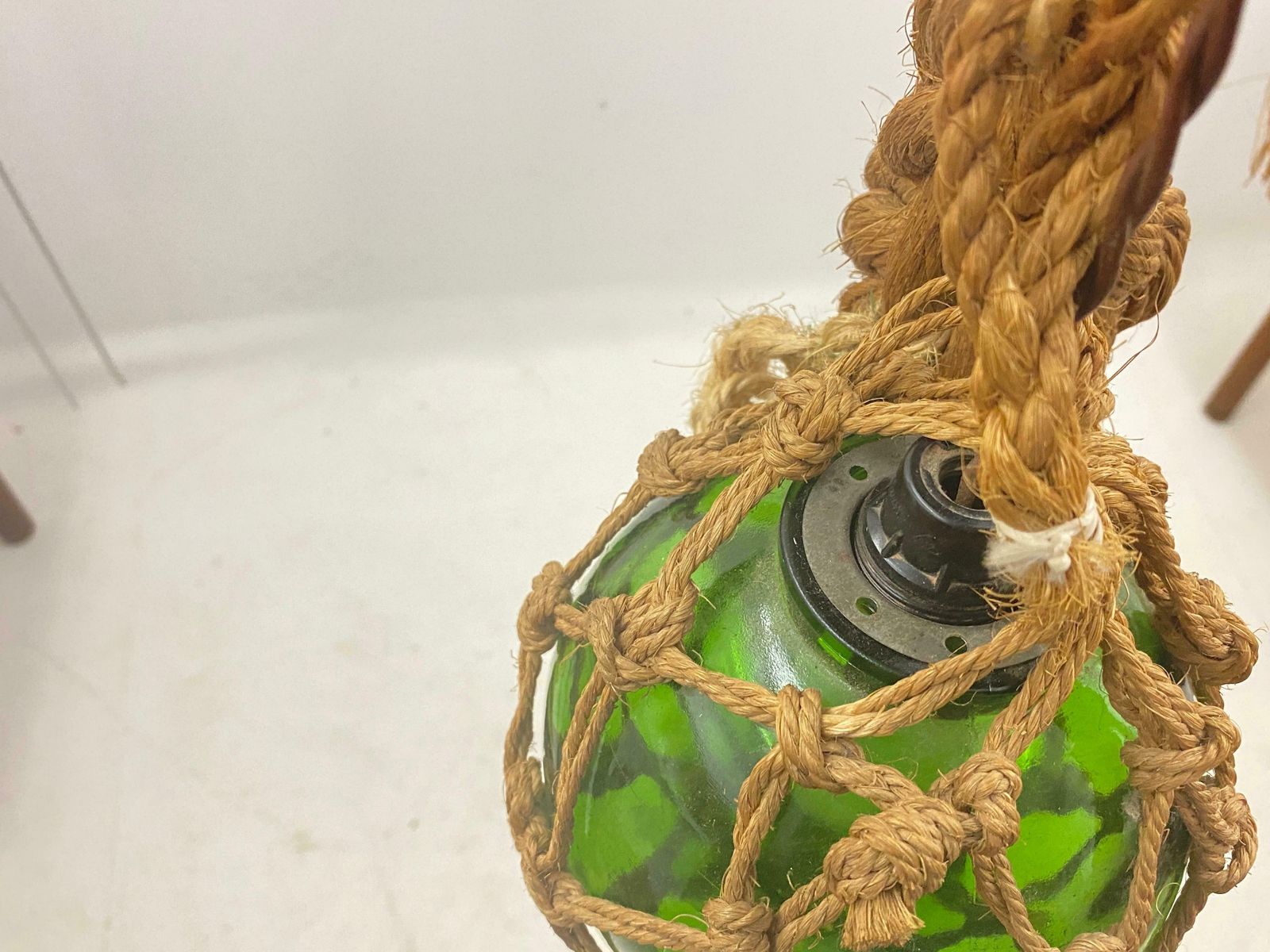 photo for sale Audoux Minet Attributed Rope Ceilling Light 2 Green Glass Balls France, 1950