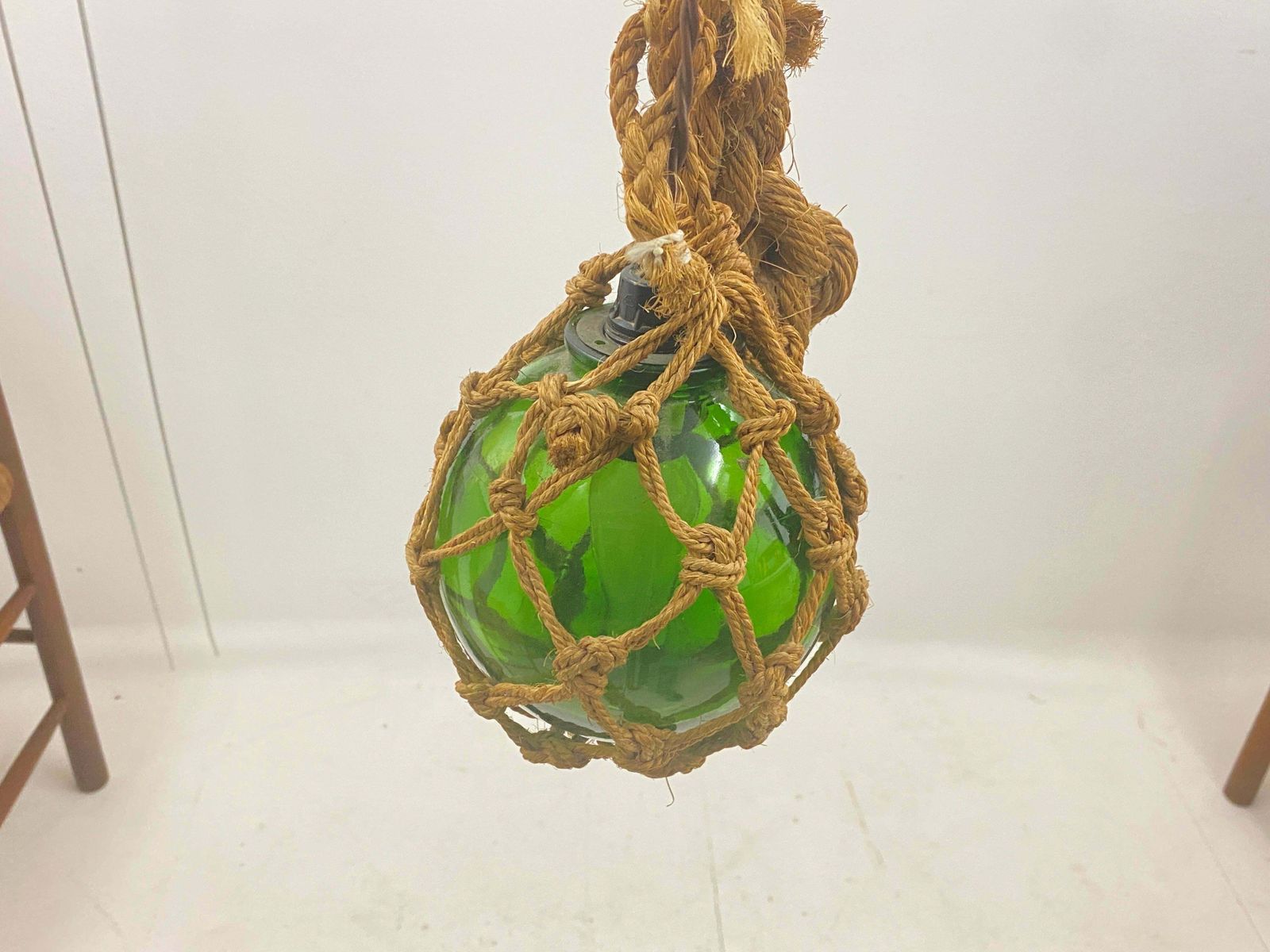 photo buy Audoux Minet Attributed Rope Ceilling Light 2 Green Glass Balls France, 1950