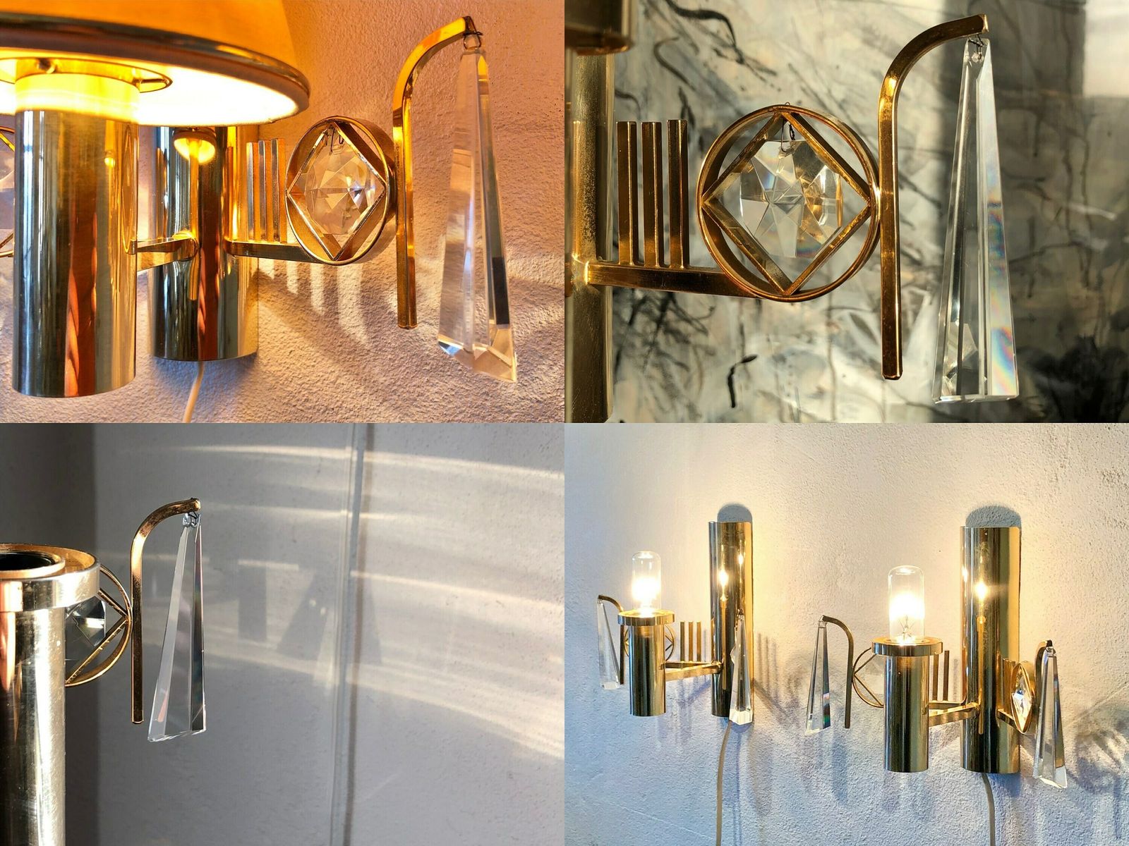 Pair Of Golden Elegant Danish Mid Century Wall Lamps In Modernist Design With Crystal Details And Cute Shades   Design By M.P.R., Denmark photo buy