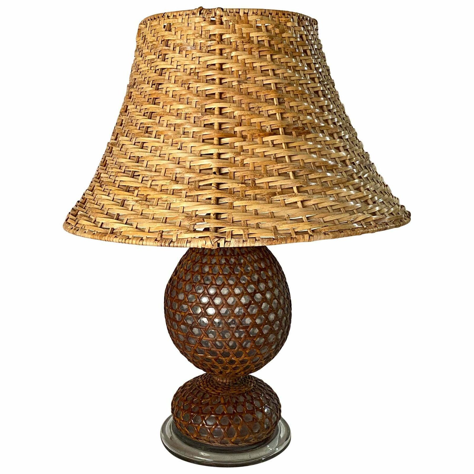 Glass And Rattan Table Lamp, Made In England, Brown Color, Circa 1970