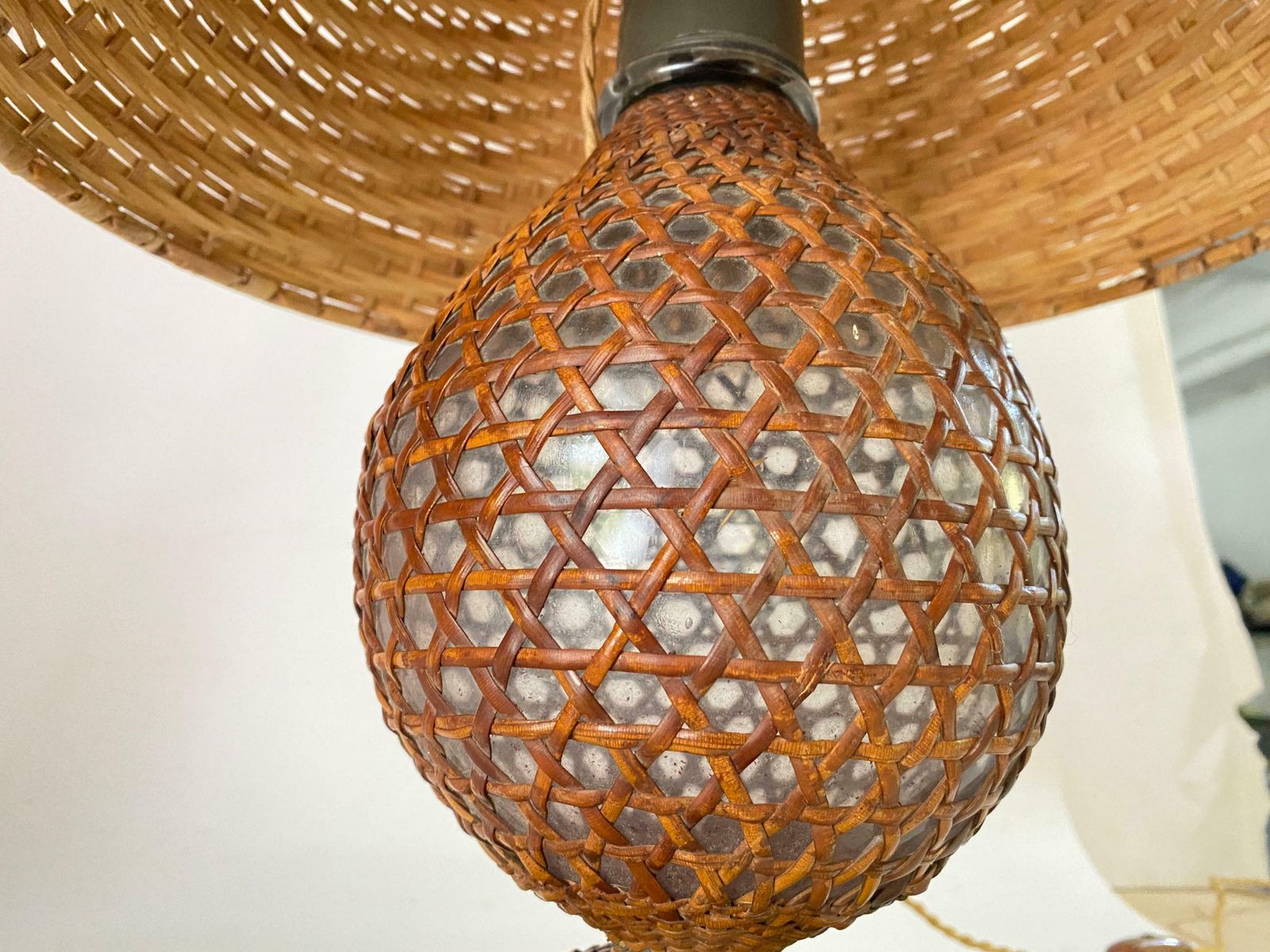 Glass And Rattan Table Lamp, Made In England, Brown Color, Circa 1970 photo for sale