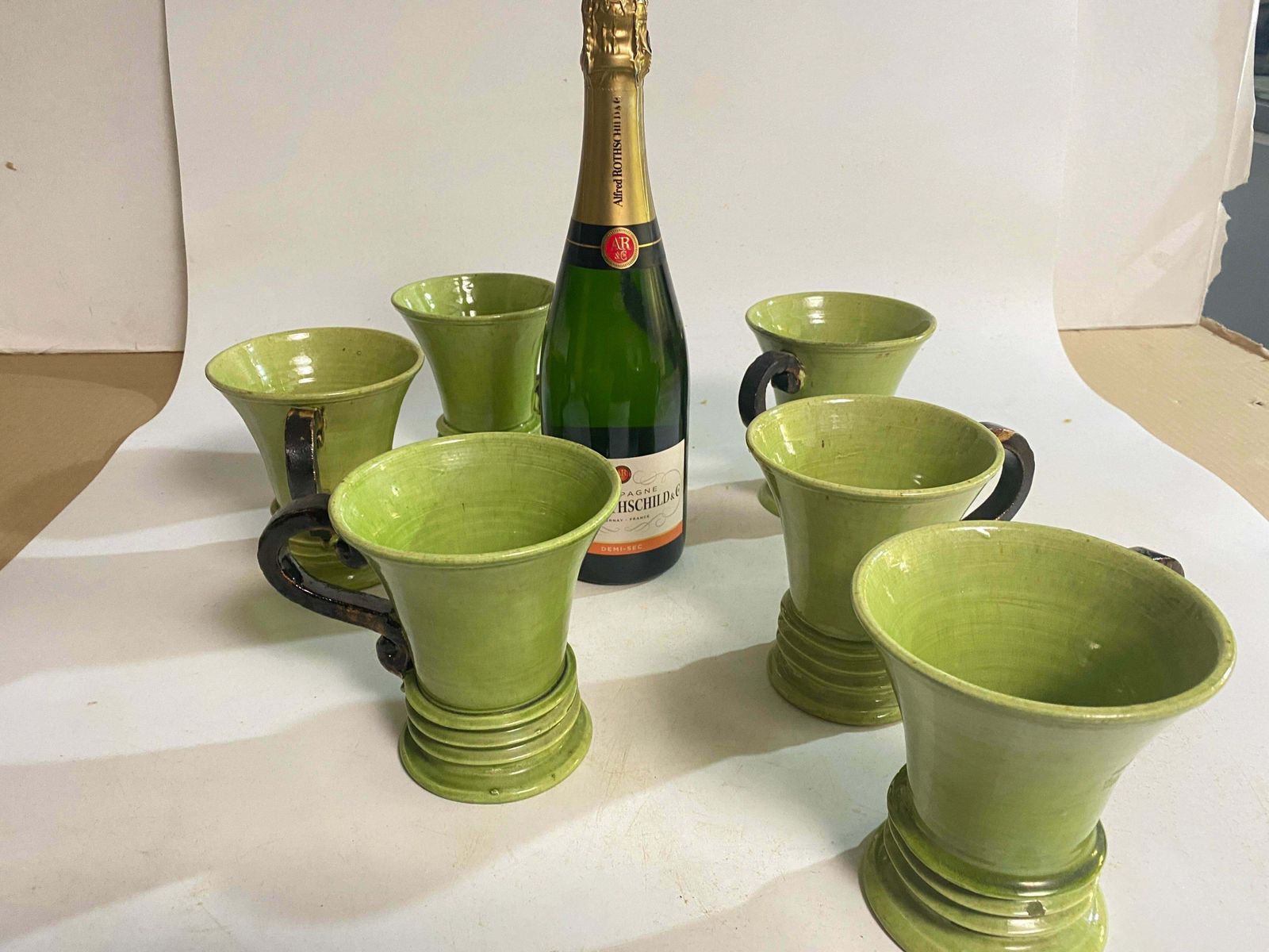 Ceramic Cups Hand Made Green And Brown Color France 20th Century photo furniture