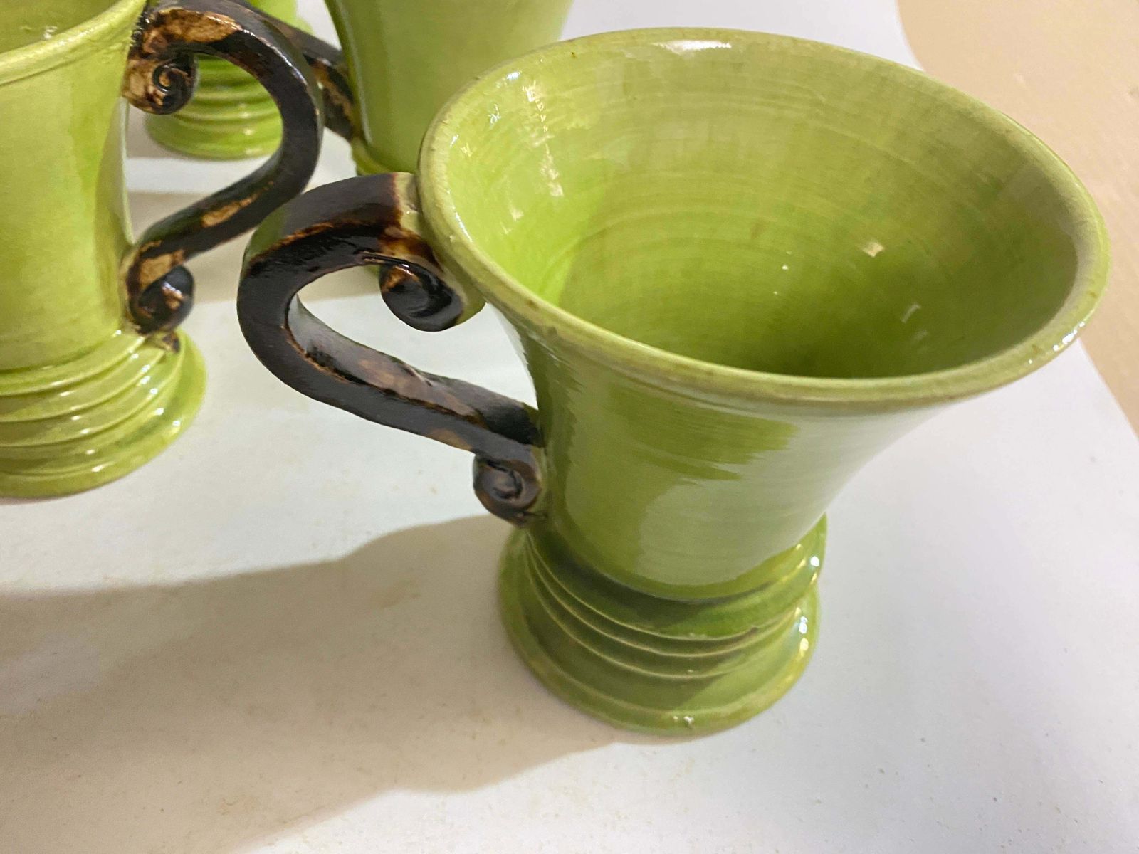 Ceramic Cups Hand Made Green And Brown Color France 20th Century photo vintage
