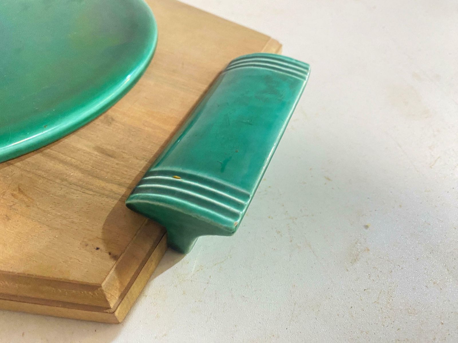 Cheese Tray In Ceramic And Wood France 1970s Brown And Green Color photo vintage