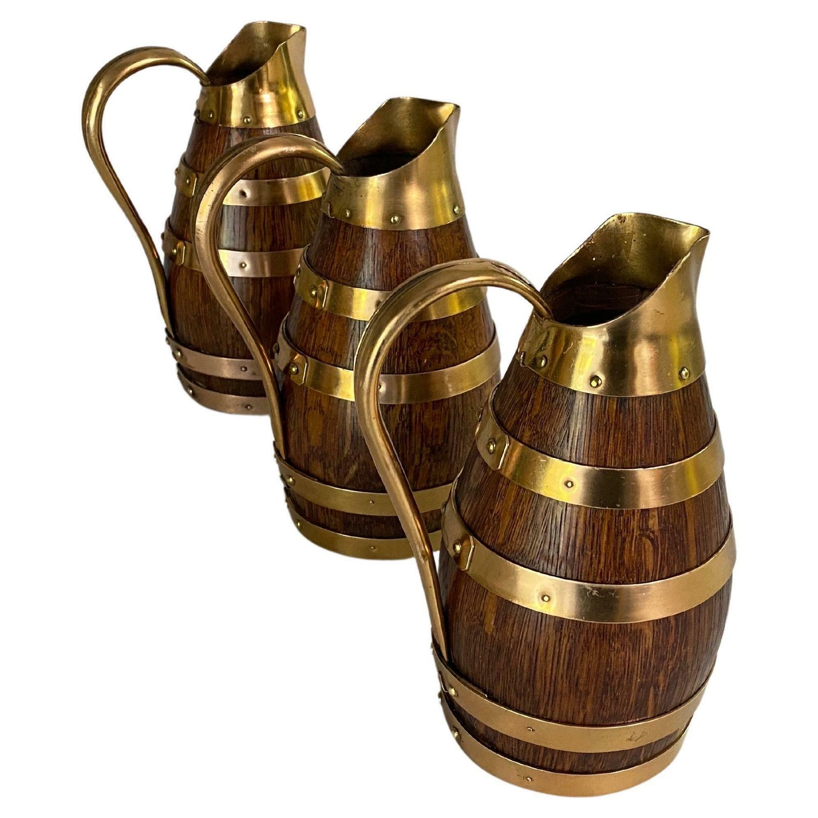 Gerard Lafitte Oak And Brass Barrel Form Pitcher Wooden Jug France 1933 Set Of 3