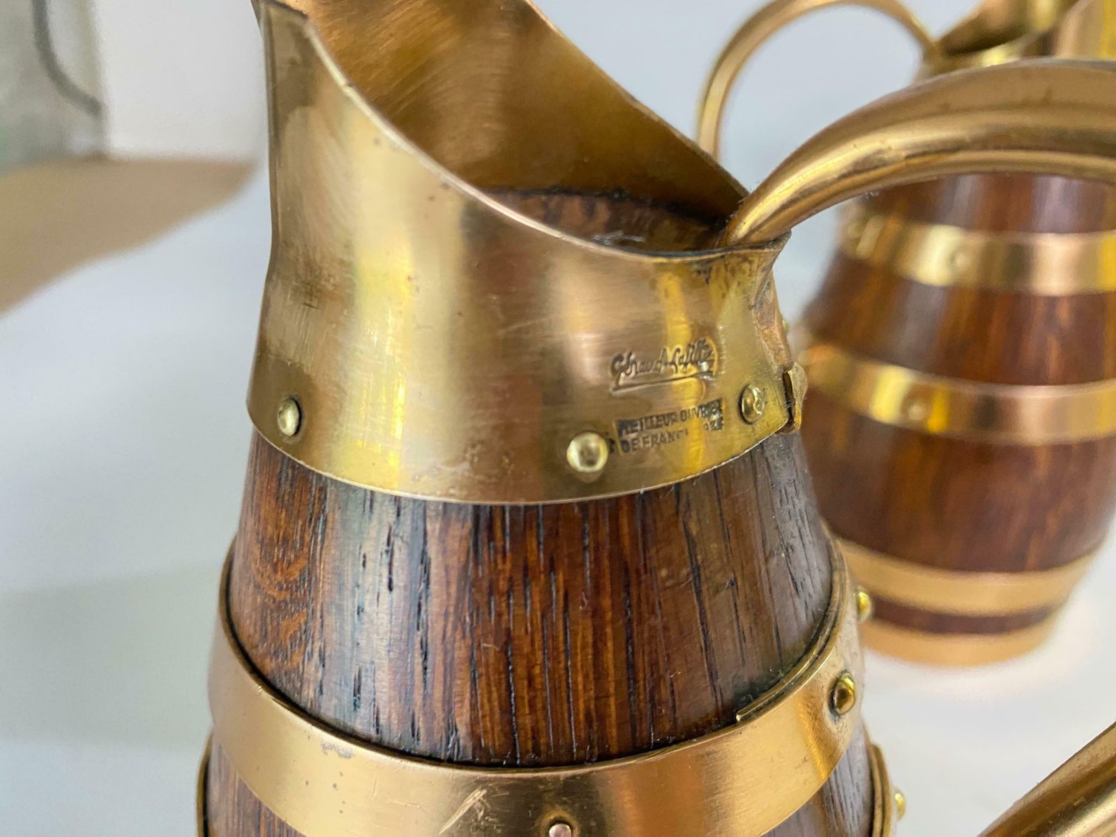 Gerard Lafitte Oak And Brass Barrel Form Pitcher Wooden Jug France 1933 Set Of 3 photo 693.0