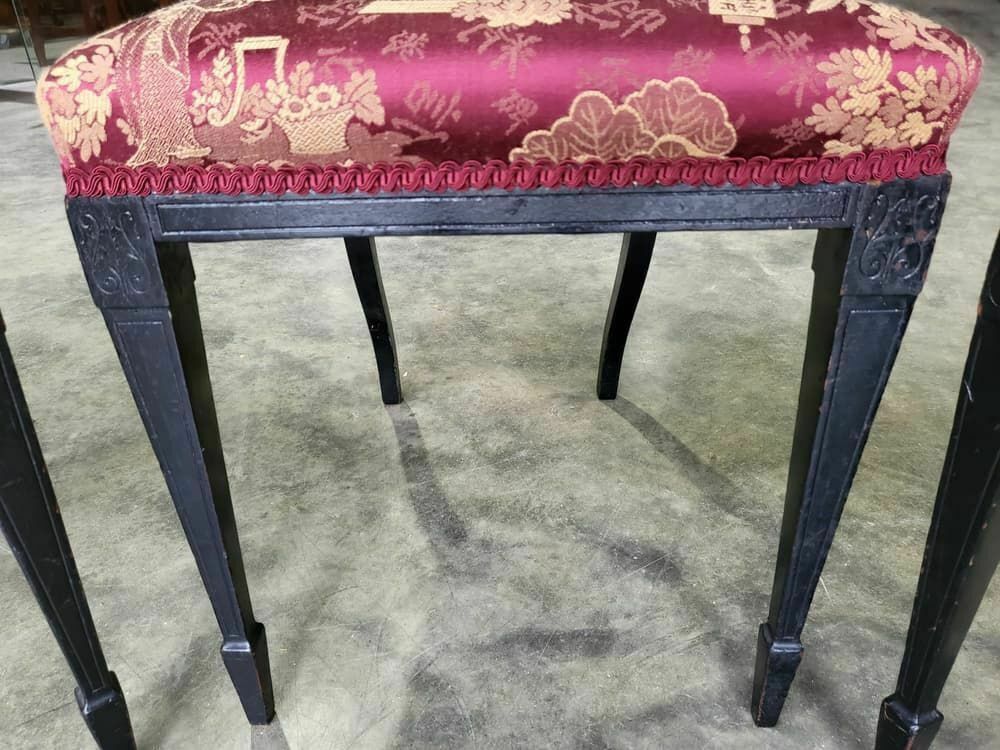 Antique Edwardian 3 Black Gold Carved Open Chairs Red Silk Fabric Tapered Legs photo Furniture