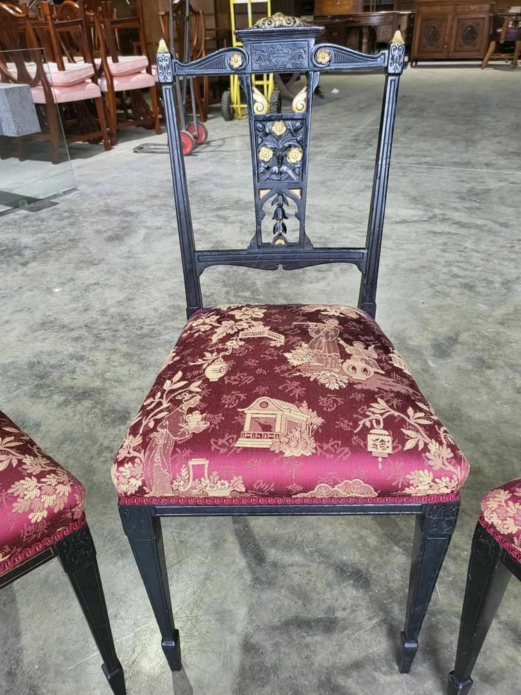 Antique Edwardian 3 Black Gold Carved Open Chairs Red Silk Fabric Tapered Legs photo vinterior