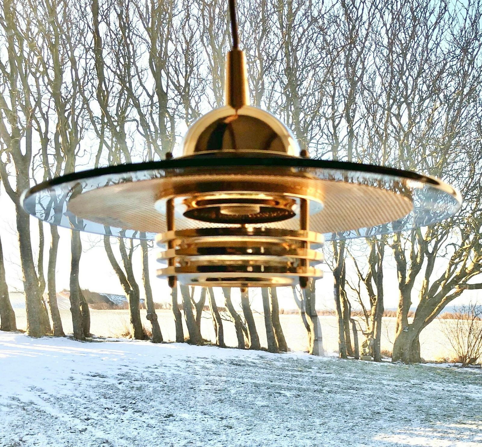 Swedish Modernist Multilayer Ceiling Lamp In Glass And Gold Colored Perforated Metal   Design By Jan Eskil Eskildsson For Belid photo furniture